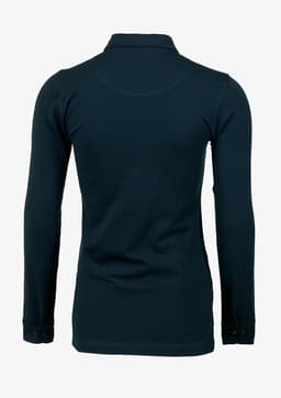 A dark teal women's polo shirt with long sleeves and a collar, featuring button details at the cuffs.