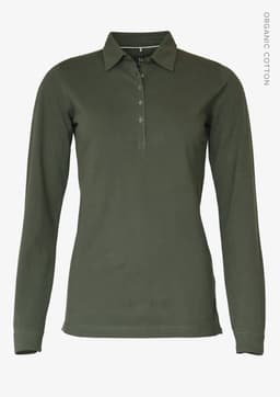 A long-sleeve women's polo shirt in olive green, featuring a classic collar and a button placket. It has a logo.