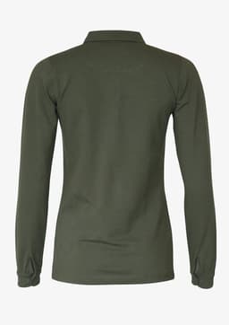 A women's polo shirt in a dark olive green colour, featuring a collar and long sleeves. It has a logo.