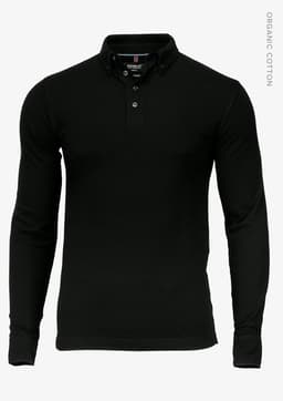 A black long-sleeved polo shirt featuring a collar, buttons, and a logo. Made of organic cotton.