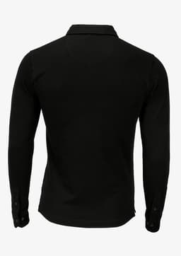 A black long-sleeved polo shirt with a collar and buttoned cuffs, featuring a logo on the back.