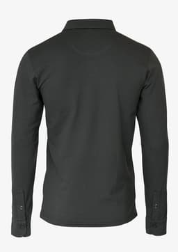 A dark grey long-sleeve polo shirt with a collar and buttoned cuffs, featuring a logo.
