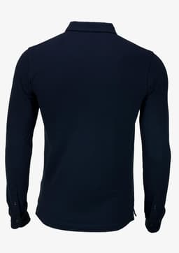 A dark navy polo shirt with long sleeves and a collar, featuring a logo on the side.
