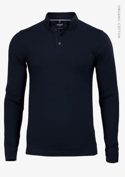 A navy blue men's polo shirt with long sleeves, featuring a collared neckline and a subtle logo.