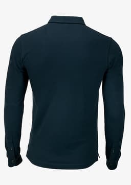 A dark navy blue polo shirt with long sleeves and a buttoned cuff, featuring a logo on the chest.