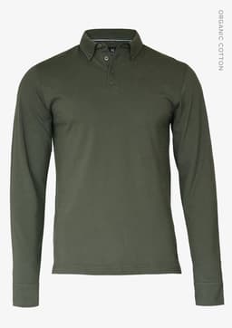 An olive green long-sleeved polo shirt made of organic cotton with a collar and a logo.