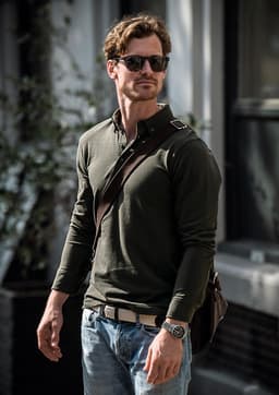 A man wearing an olive-green polo shirt with sunglasses, carrying a bag, and dressed in jeans.