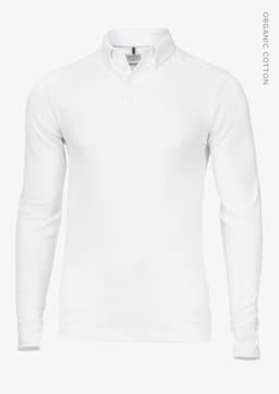 A long-sleeved white polo shirt made from organic cotton, featuring a collar and a logo.