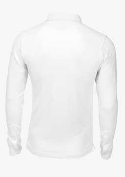 A white long-sleeve polo shirt with a collar and a logo on the front.