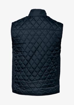A navy, quilted men's vest with a high collar and a textured pattern on the back. Features a logo.