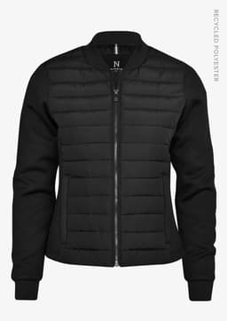 A black women's jacket with a zip front, ribbed cuffs, and a puffer design, featuring pockets and a logo.