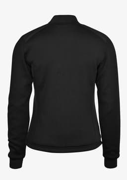 A black women's jacket with a fitted design, featuring long sleeves and a high collar. Branding is visible.