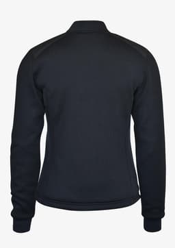 A black women's jacket with a fitted design, featuring long sleeves and a high collar, viewed from the back.