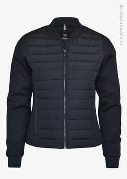 A dark blue women's jacket with a quilted front, long sleeves, and a zip closure. Features branded detailing.