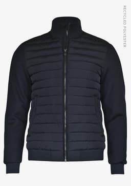 A navy jacket with a quilted design and high collar, featuring a zip front and ribbed cuffs. It has a logo.