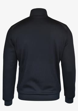 A dark navy men’s jacket with a high collar and a fitted design, featuring a logo on the back.
