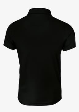 A black polo shirt with a collar and short sleeves, featuring a branding logo on the front.