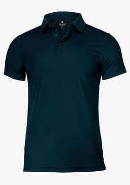 A dark teal polo shirt with a collar and short sleeves, featuring a small logo on the side.