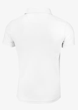 A white polo shirt with a classic design and a logo on the chest.