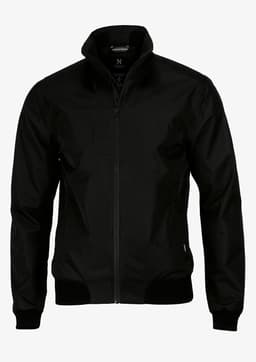 A black Davenport Men's jacket with a zip front and high collar, featuring ribbed cuffs and hem.