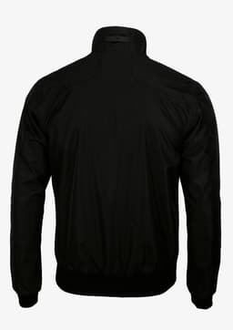 A black Davenport Men Jacket featuring a high collar and elastic cuffs, with a logo on the back.