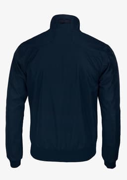 A navy jacket featuring a high collar and a smooth, streamlined back design. It includes a branding logo.