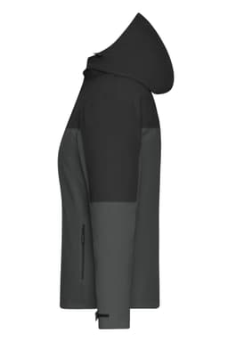 A ladies 3-in-1 jacket in shades of black and grey, featuring a hood and side zip pockets. It has a logo on it.