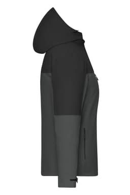A ladies' 3-in-1 jacket in black and grey, featuring a hood and side zipper pockets. It has a branding logo.