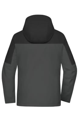 A ladies' 3-in-1 jacket in dark grey with a black hood and shoulder accents. Features a logo on the back.