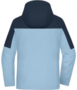 A ladies' 3-in-1 jacket in light blue with navy blue accents and a hood, featuring a logo.