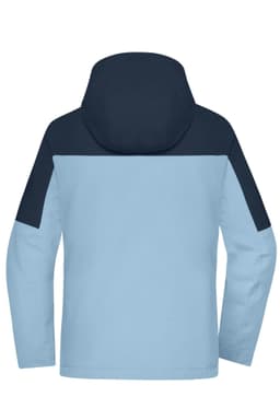 A light blue ladies' jacket featuring a navy blue hood and sleeves, with a logo on the design.