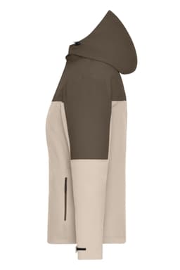 A stylish ladies 3-in-1 jacket in brown and beige with a hood and zippered pockets, featuring a logo.