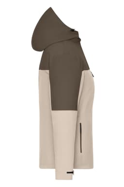 A ladies' 3-in-1 jacket in brown and beige with a hood, featuring contrasting panel design and zippers.