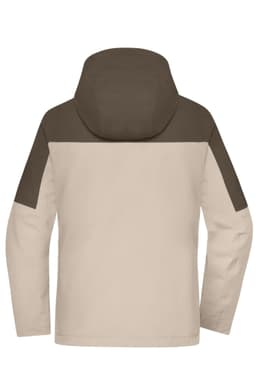 A 3-in-1 ladies jacket featuring a beige body with dark brown accents and a hood. Includes a branding logo.