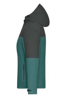 A ladies' 3-in-1 jacket in teal and grey, featuring a hood and zippered pockets. It includes a logo on the design.