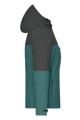 A ladies' 3-in-1 jacket in teal and dark grey, featuring a hood and side zip pockets, with a logo present.