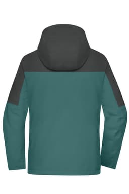 A teal and grey ladies 3-in-1 jacket featuring a hood and multiple panel designs. It has a logo on it.