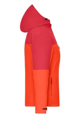 A ladies jacket in red and orange, featuring a hood and a logo. It has a sleek side profile design.