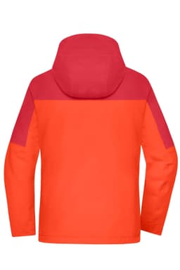 A bright orange ladies' 3-in-1 jacket with a pink hood and shoulder accents, featuring a logo on the back.