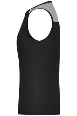 A black ladies running tank with a grey panel at the shoulder, featuring a simple design and a logo.