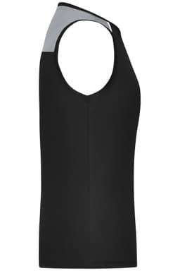 A ladies running tank in black with a grey accent on the shoulder. Features a slim fit design and a logo.