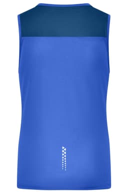A blue ladies running tank featuring a navy back panel and a simple logo design.