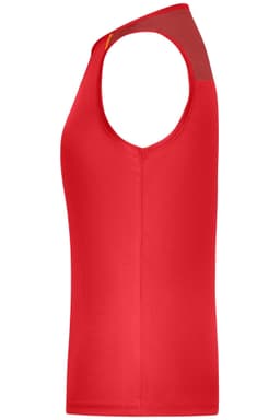 A red ladies running tank featuring a sleeveless design and a logo on the side.
