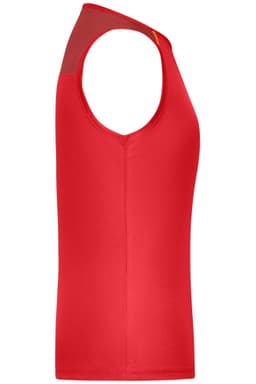 A red ladies running tank top with a sleeveless design and a logo. The fabric appears lightweight and athletic.