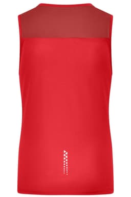 A red ladies running tank featuring a mesh back and a logo at the bottom. Lightweight and designed for active wear.