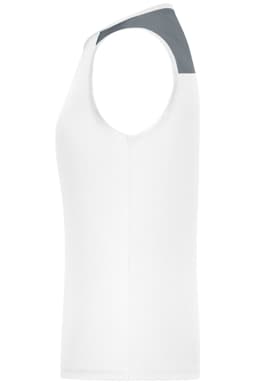 A white ladies' running tank with a grey shoulder panel, featuring a logo.