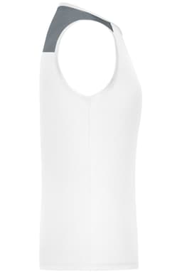 A white ladies running tank featuring a grey shoulder panel and a fitted design. It has a logo detail on the garment.