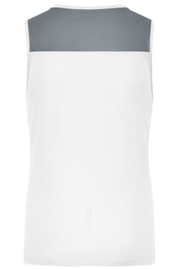 A ladies' running tank featuring a white body and grey upper panel, with a logo on the back.