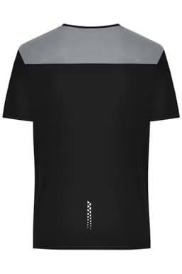 A men's running T-shirt featuring a black body and grey upper section, with a logo on the back.