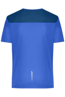 A blue men's running t-shirt with a navy upper panel and a logo on the back.